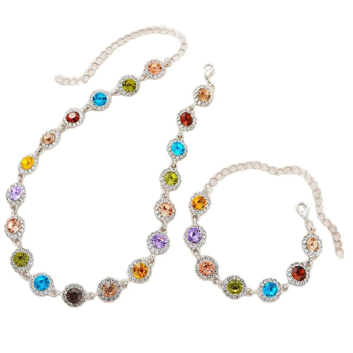 Korean Colorful Crystal Choker Necklace Bracelet for Women Sparkly Rhinestone Clavicle Chain Bracelet Fashion Jewelry Set