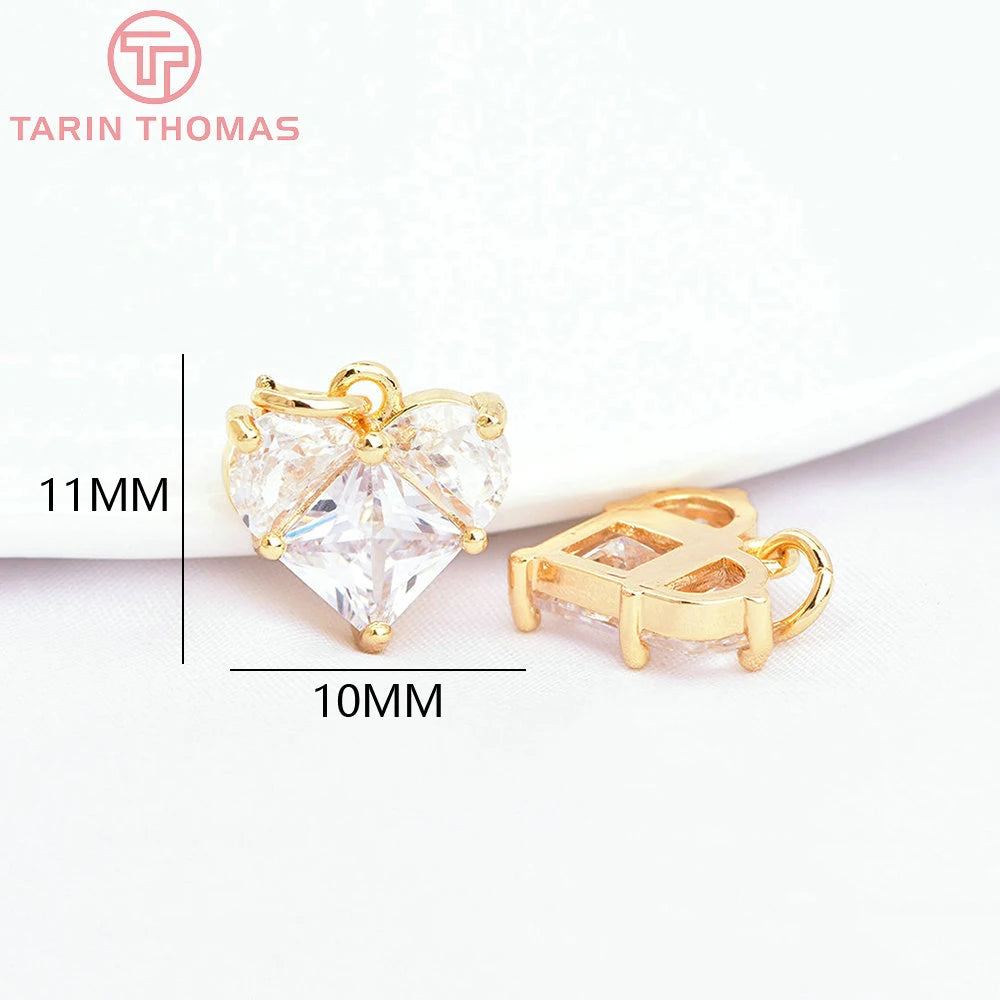 (280)4PCS 14x14.5MM Hole 2.5MM 24K Gold Color Brass with Zircon Heart Charms Pendants High Quality Jewelry Findings Accessories