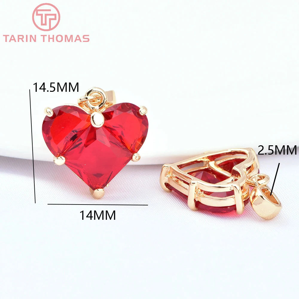 (280)4PCS 14x14.5MM Hole 2.5MM 24K Gold Color Brass with Zircon Heart Charms Pendants High Quality Jewelry Findings Accessories