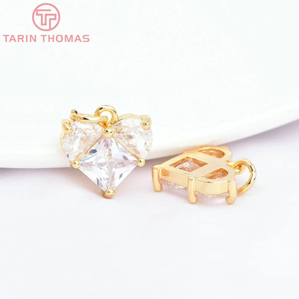(280)4PCS 14x14.5MM Hole 2.5MM 24K Gold Color Brass with Zircon Heart Charms Pendants High Quality Jewelry Findings Accessories