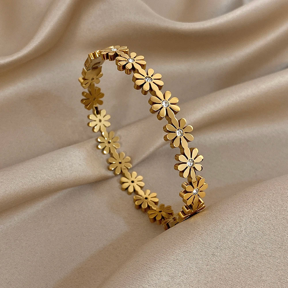 316L Stainless Steel Flower Cuff Bracelet Bangle for Women Fashion Hollow Floral Aesthetic Couple Wrist Stacked Jewelry Gifts