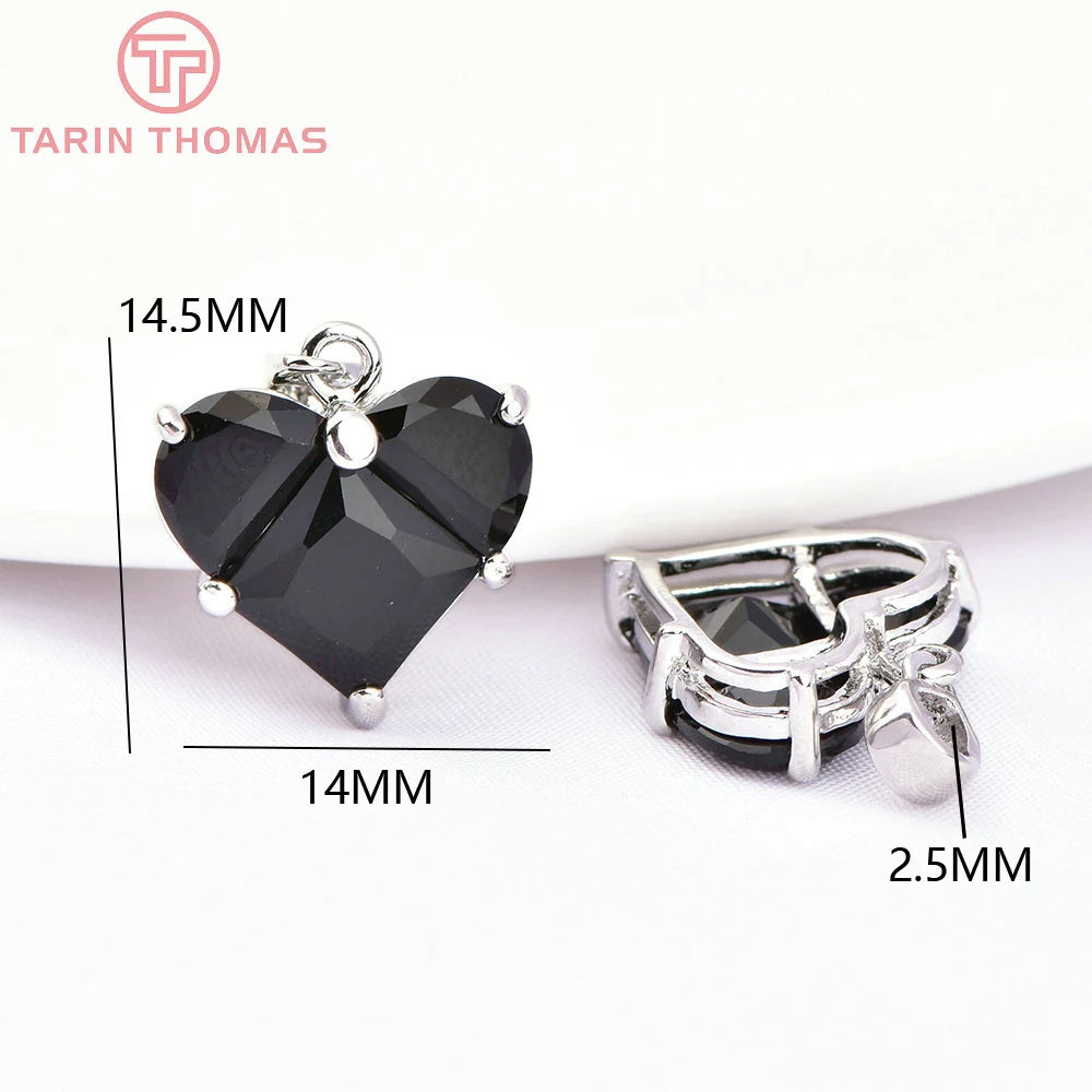 (280)4PCS 14x14.5MM Hole 2.5MM 24K Gold Color Brass with Zircon Heart Charms Pendants High Quality Jewelry Findings Accessories