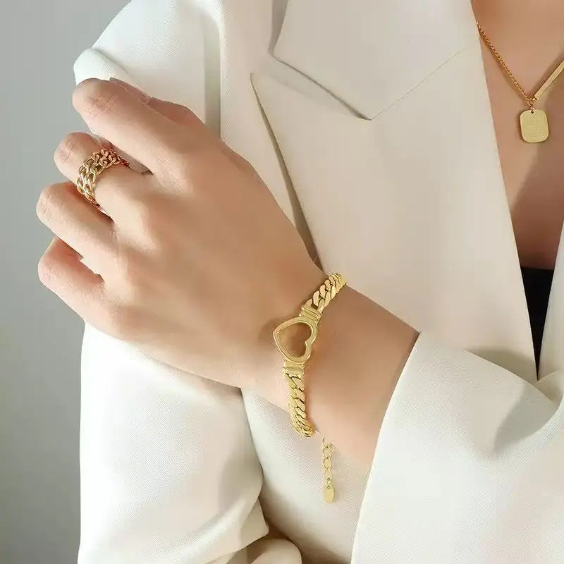 GANEMLY 316L Stainless Steel Hollow Heart Necklace Bracelets Waterproof Jewelry Charm Metalic Gold Color Chain Fashion Lady Gift