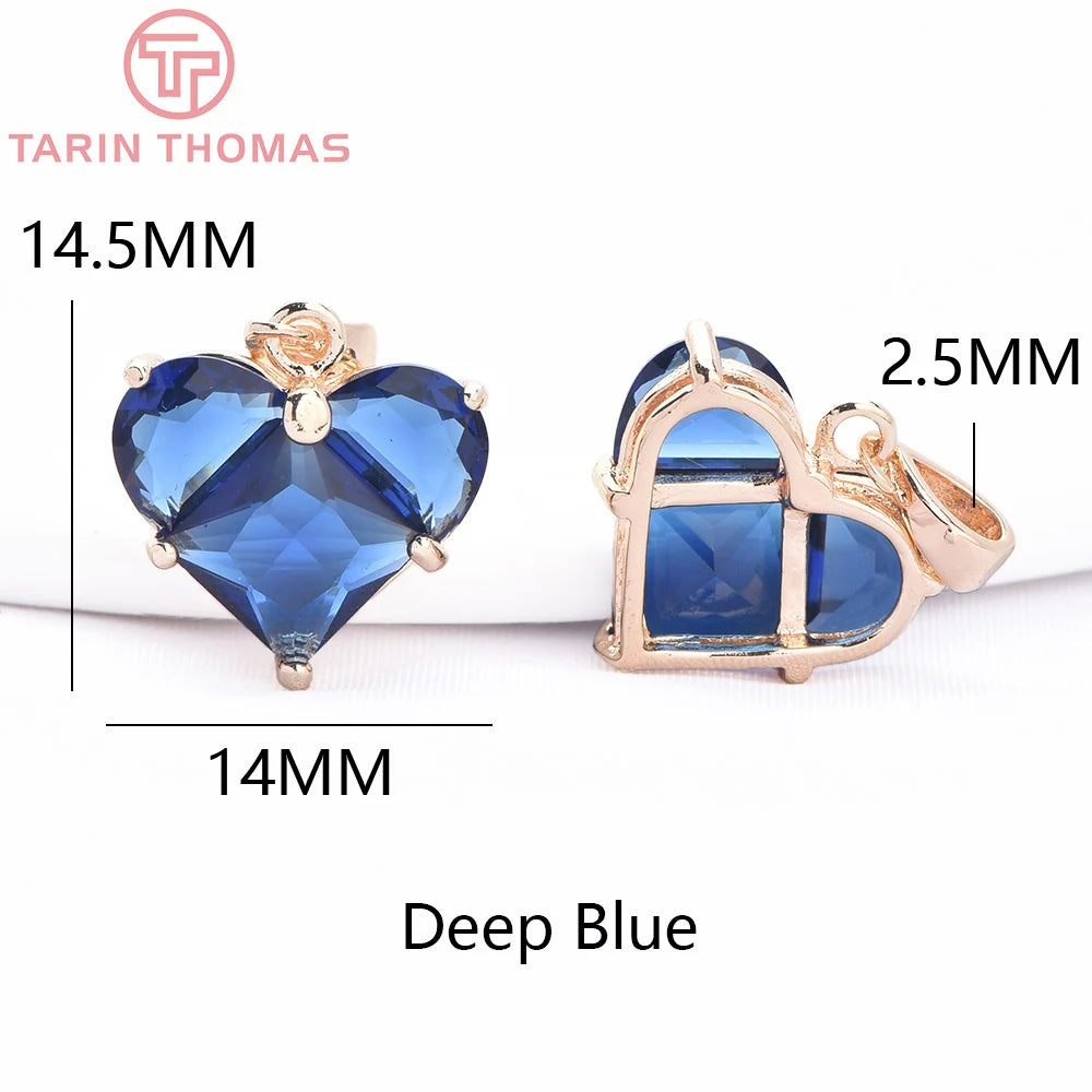 (280)4PCS 14x14.5MM Hole 2.5MM 24K Gold Color Brass with Zircon Heart Charms Pendants High Quality Jewelry Findings Accessories