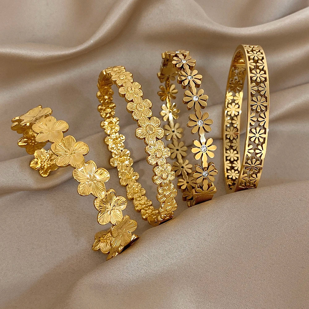 316L Stainless Steel Flower Cuff Bracelet Bangle for Women Fashion Hollow Floral Aesthetic Couple Wrist Stacked Jewelry Gifts