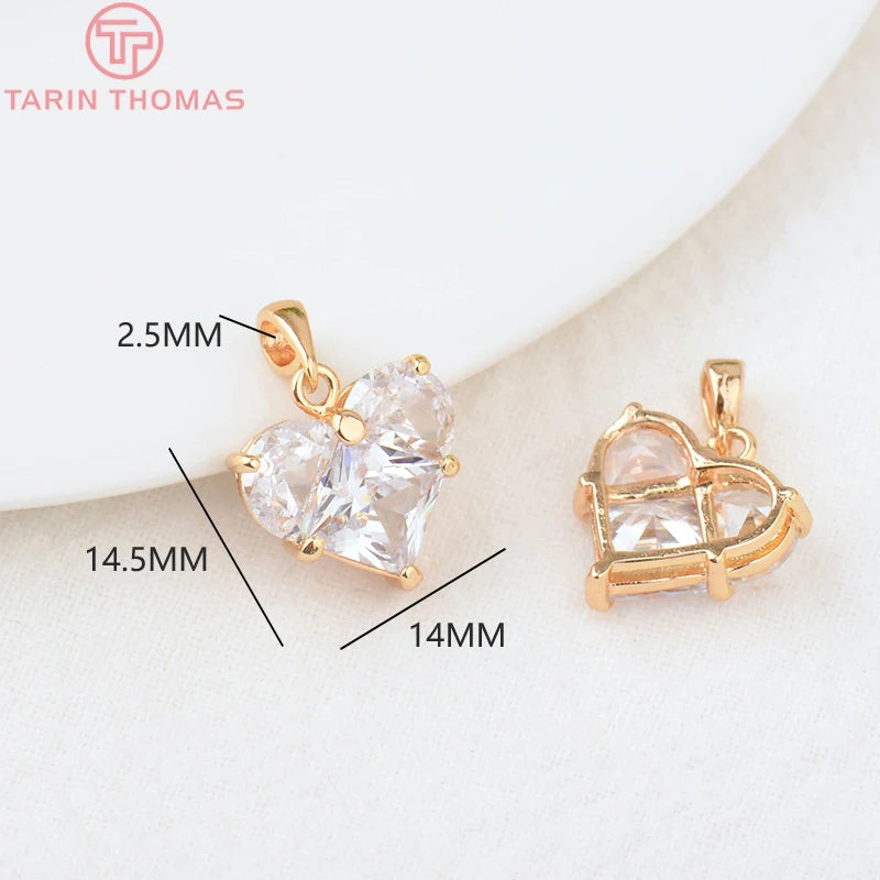 (280)4PCS 14x14.5MM Hole 2.5MM 24K Gold Color Brass with Zircon Heart Charms Pendants High Quality Jewelry Findings Accessories