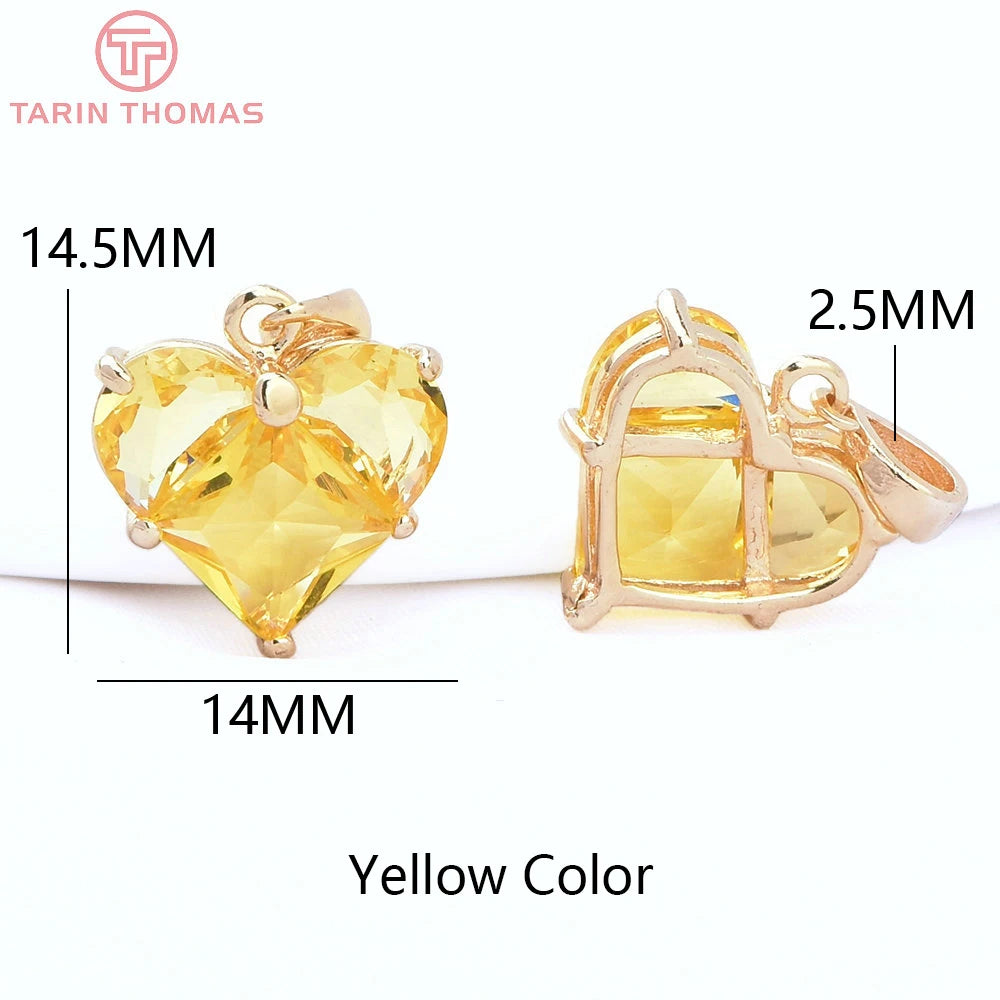 (280)4PCS 14x14.5MM Hole 2.5MM 24K Gold Color Brass with Zircon Heart Charms Pendants High Quality Jewelry Findings Accessories
