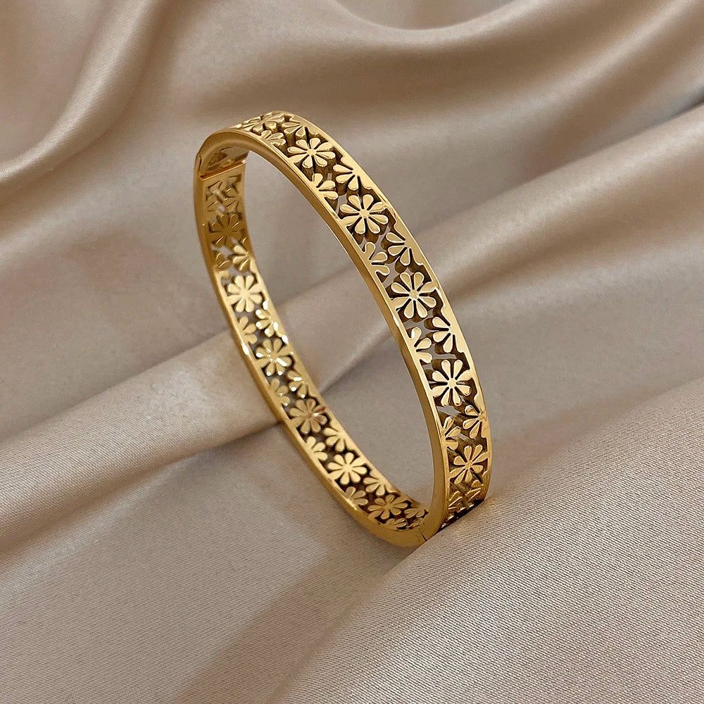 316L Stainless Steel Flower Cuff Bracelet Bangle for Women Fashion Hollow Floral Aesthetic Couple Wrist Stacked Jewelry Gifts