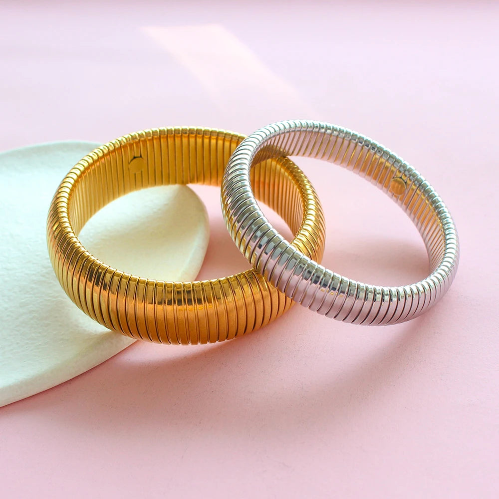 304L Stainless Steel Elastic Bracelet Women 18k Gold Plated Charm Punk Wide Chunky Metal Spiral Bangle pulseras Waterproof