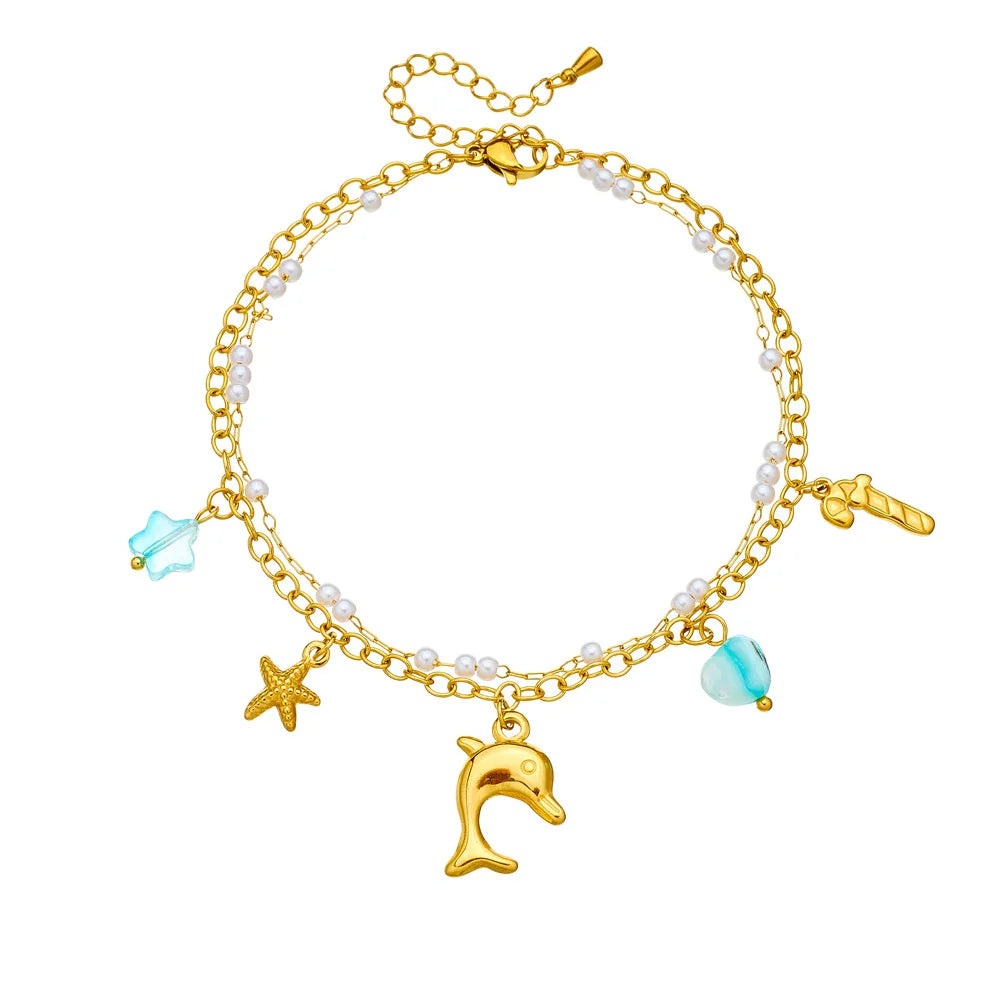 LAMENGLY 316L Stainless SteelNew Beach Ocean Wind Shell Dolphin Starfish Stacked Women's Non Fading Jewelry Gift