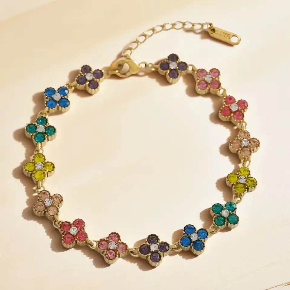Colorful Flower Zircon Inlaid Bangle 316L Stainless Steel 18K Gold Plated Adjustable Bracelet Minimalist Charm Jewelry Gift