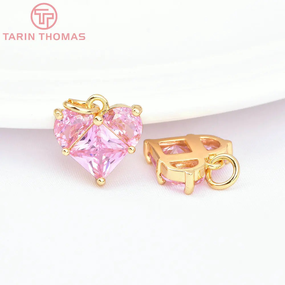 (280)4PCS 14x14.5MM Hole 2.5MM 24K Gold Color Brass with Zircon Heart Charms Pendants High Quality Jewelry Findings Accessories
