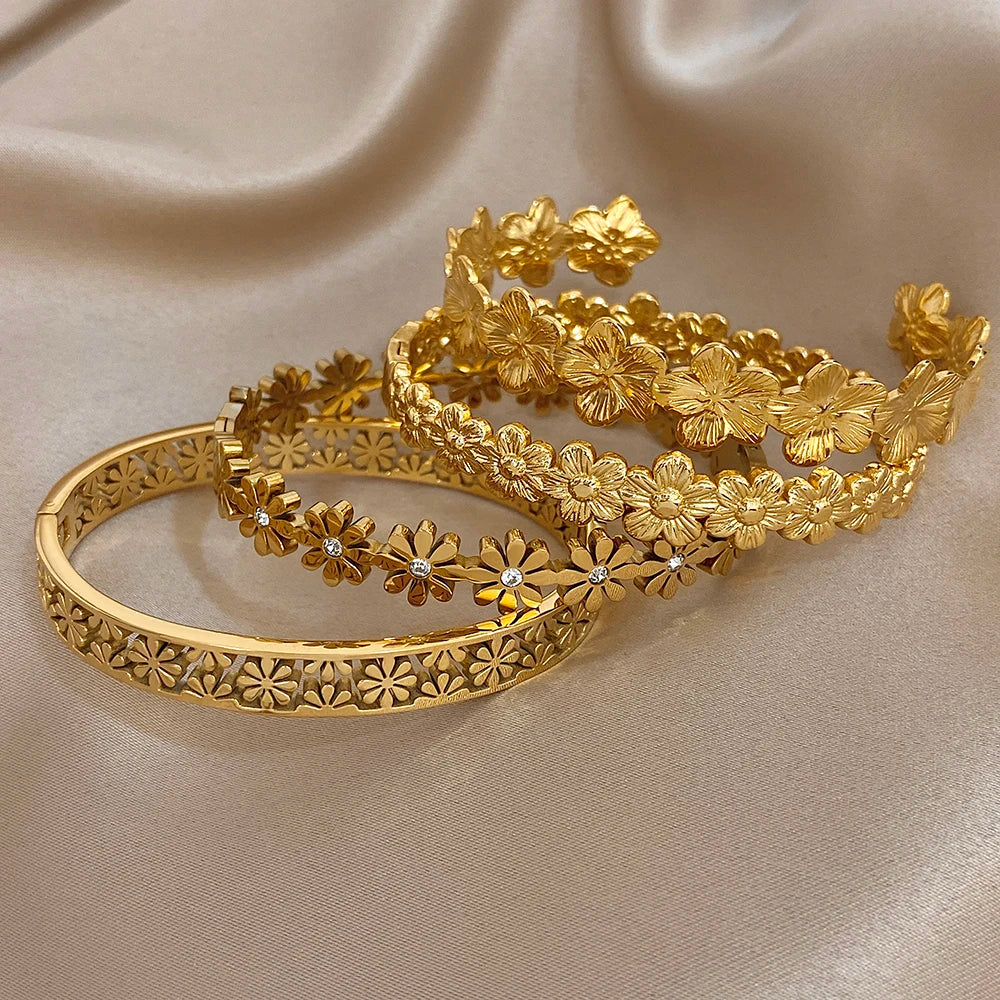 316L Stainless Steel Flower Cuff Bracelet Bangle for Women Fashion Hollow Floral Aesthetic Couple Wrist Stacked Jewelry Gifts