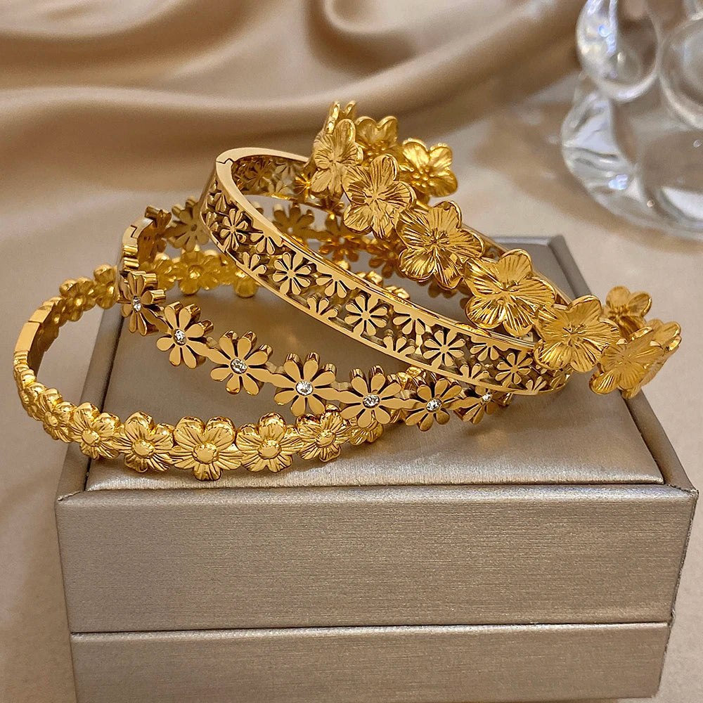 316L Stainless Steel Flower Cuff Bracelet Bangle for Women Fashion Hollow Floral Aesthetic Couple Wrist Stacked Jewelry Gifts