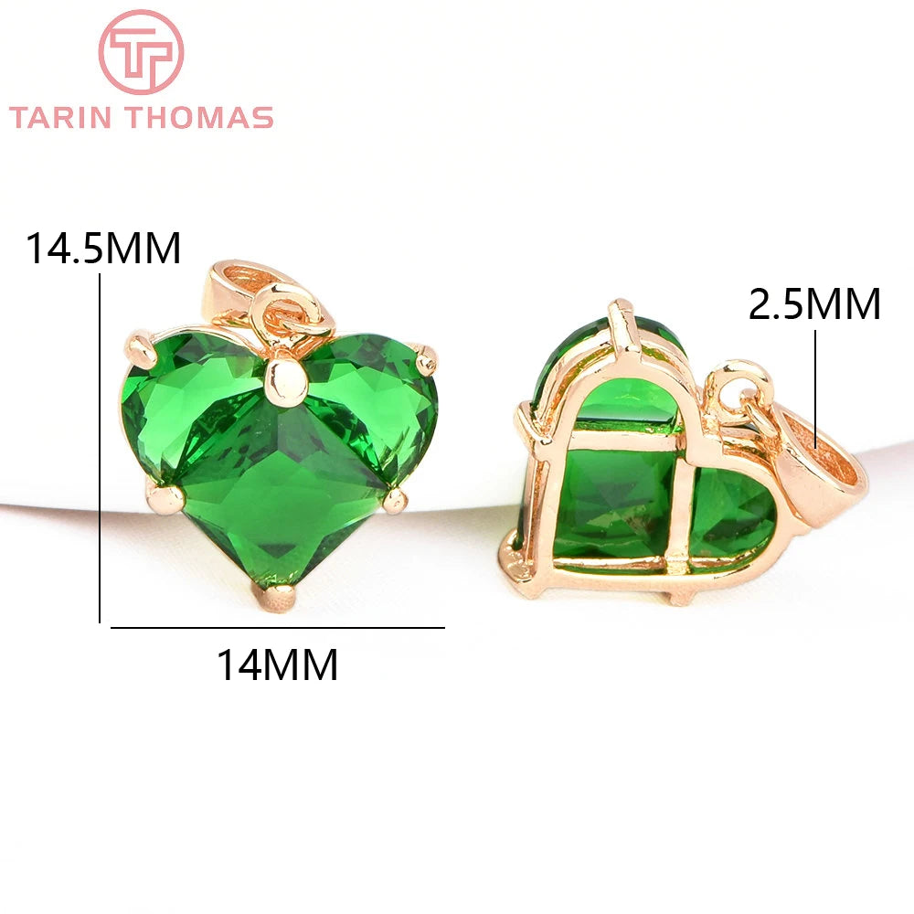 (280)4PCS 14x14.5MM Hole 2.5MM 24K Gold Color Brass with Zircon Heart Charms Pendants High Quality Jewelry Findings Accessories