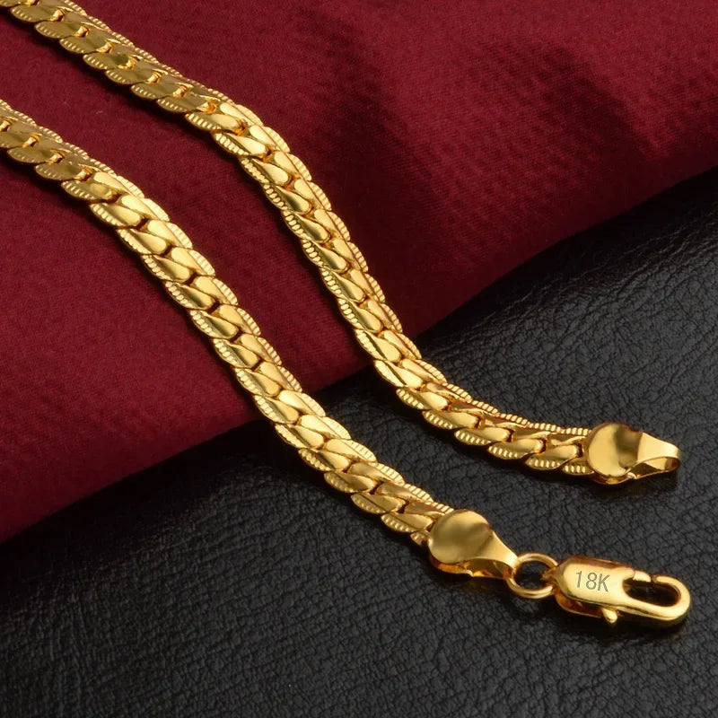 18K Gold 18-24inch 45-60cm 6mm Full Side Chain Necklace For Women Men Fashion Wedding Party Charm Jewelry