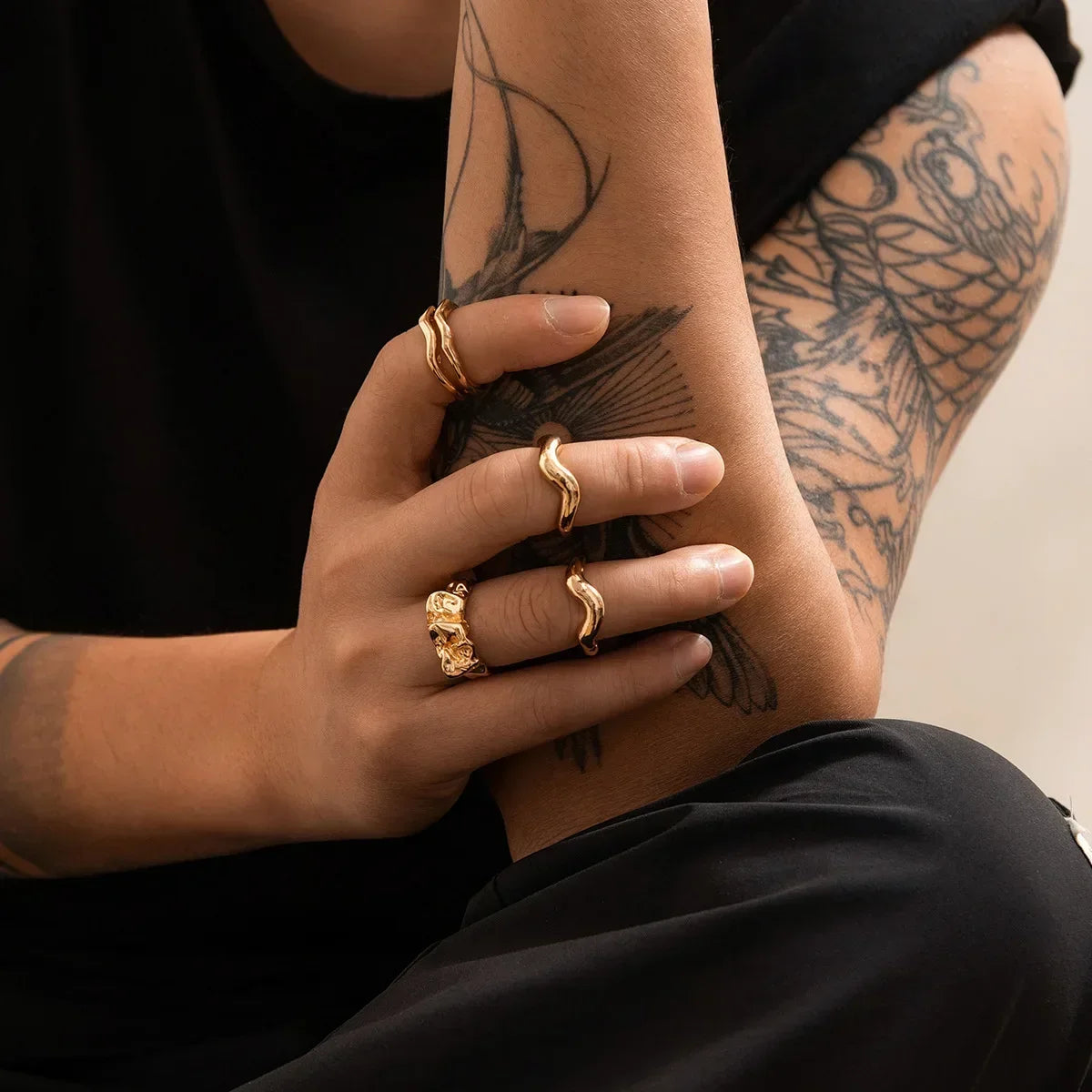 9Pcs/Set Vintage Gold Color Love Heart Butterfly Metal Rings Set for Women Simple  Assembly Rings Paty Jewelry Gift Accessries