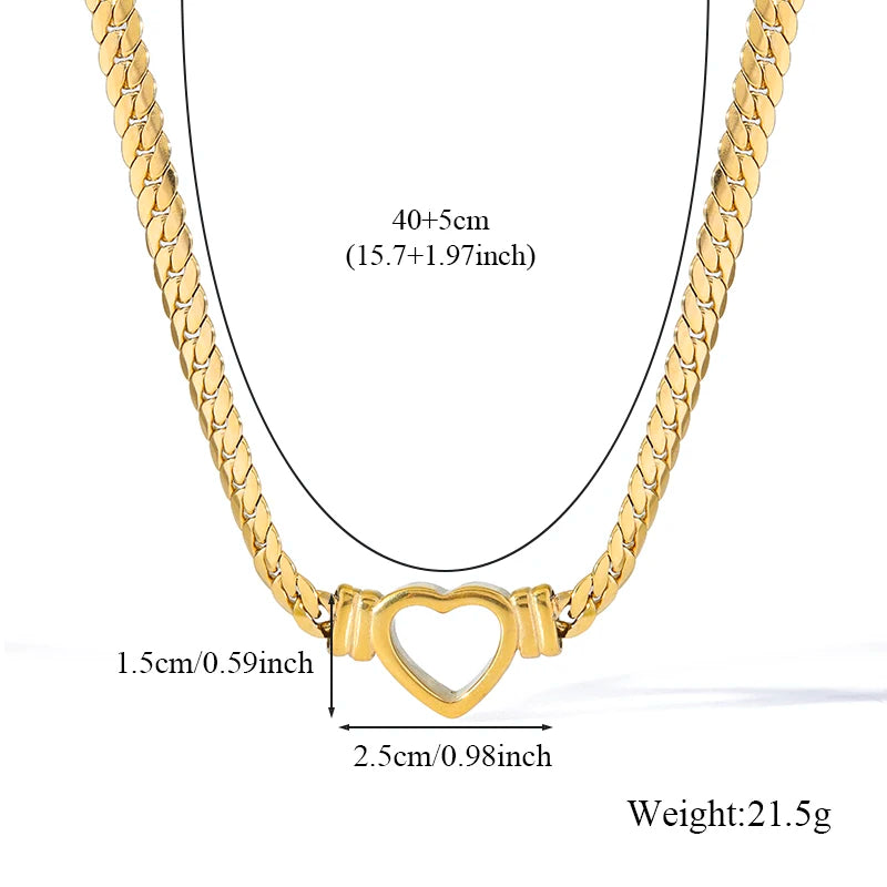 GANEMLY 316L Stainless Steel Hollow Heart Necklace Bracelets Waterproof Jewelry Charm Metalic Gold Color Chain Fashion Lady Gift