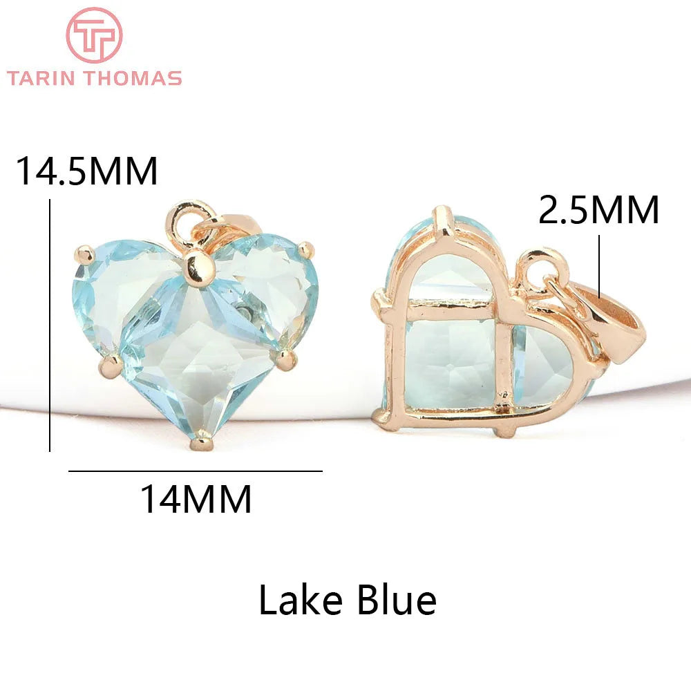 (280)4PCS 14x14.5MM Hole 2.5MM 24K Gold Color Brass with Zircon Heart Charms Pendants High Quality Jewelry Findings Accessories