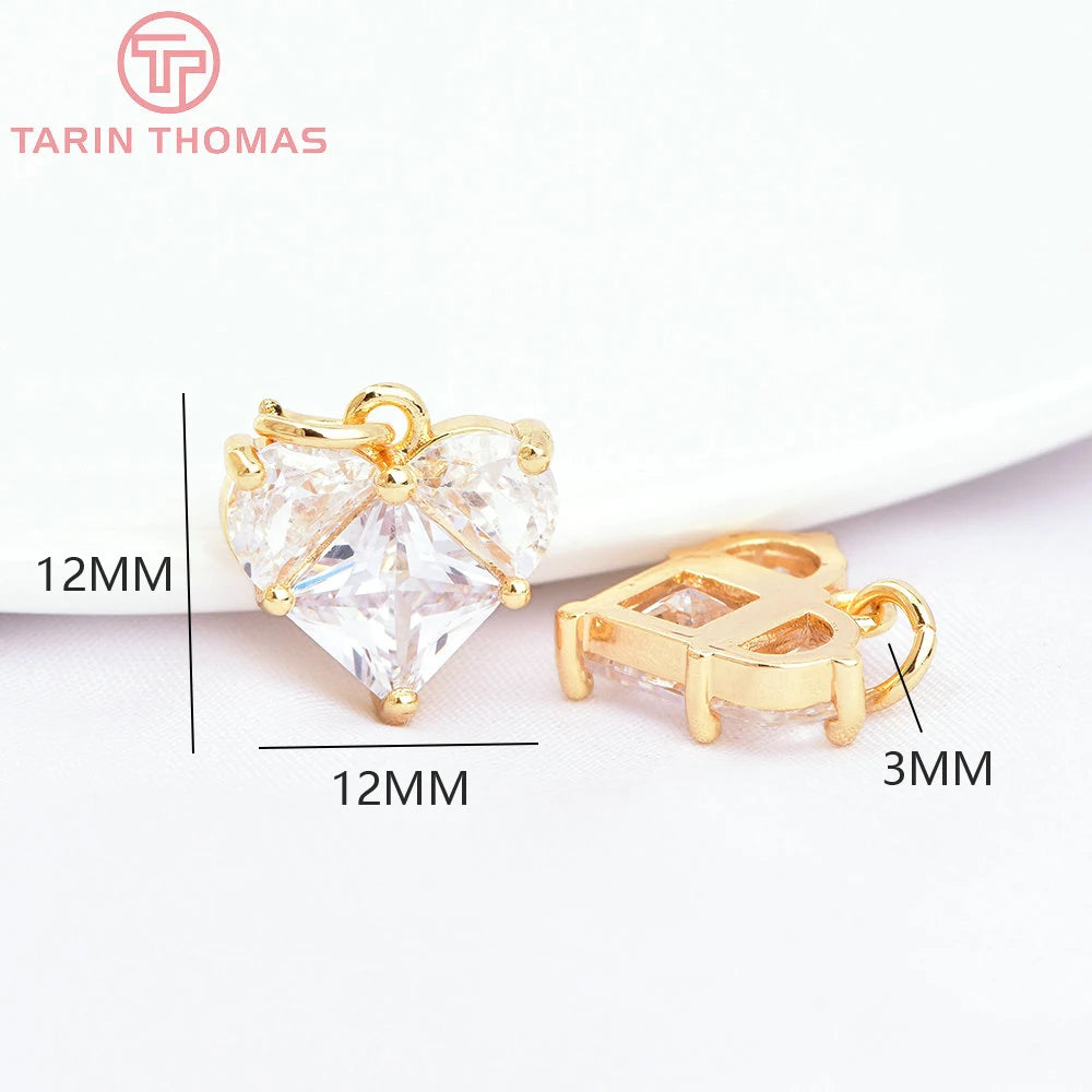 (280)4PCS 14x14.5MM Hole 2.5MM 24K Gold Color Brass with Zircon Heart Charms Pendants High Quality Jewelry Findings Accessories