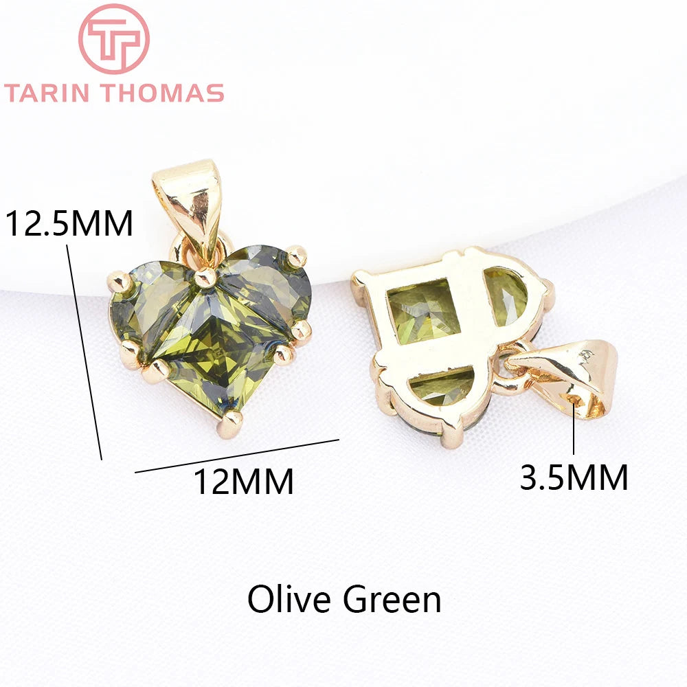 (280)4PCS 14x14.5MM Hole 2.5MM 24K Gold Color Brass with Zircon Heart Charms Pendants High Quality Jewelry Findings Accessories